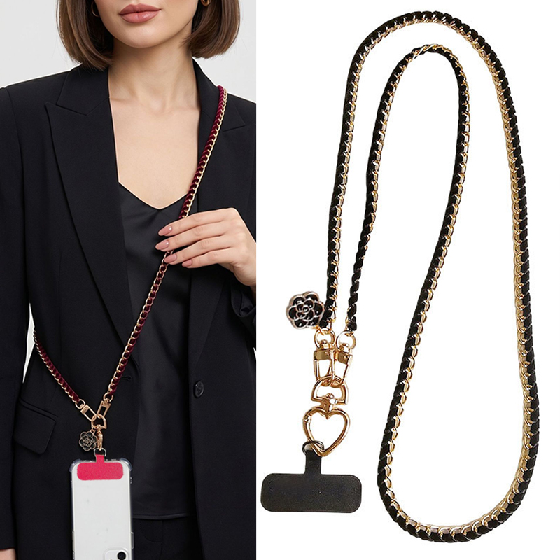 Crossbody Lanyard Neck Strap Case - สายคล้องโทรศัพท์มือถือแบบโซ่สะพายข้างอเนกประสงค์ ลายดอกคาเมลเลีย โซ่โลหะ สายคล้องคอแบบยาว สายสะพายไหล่ ป้องกันโทรศัพท์หาย