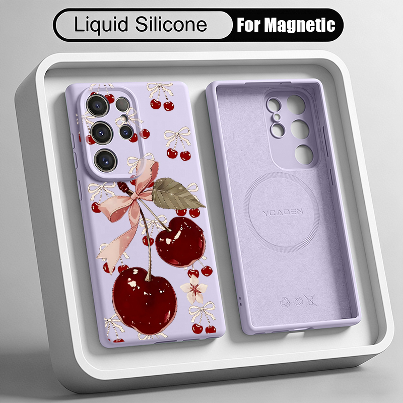 Liquid Silicone Magnetic Phone Case - เคสโทรศัพท์ซิลิโคนเหลวลายเชอร์รี่สำหรับซัมซุงกาแล็คซี่ S26 S25 S24 S23 S22